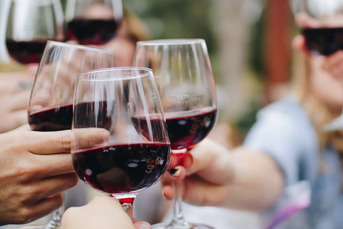 a party of people with wine cheering each other